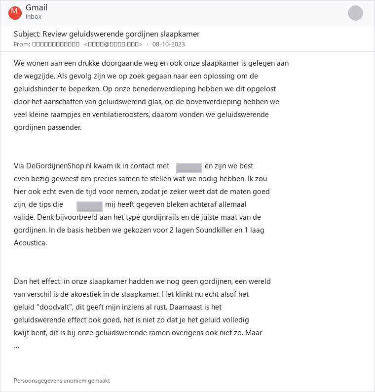 Geanonimiseerde klantreview SoundKiller