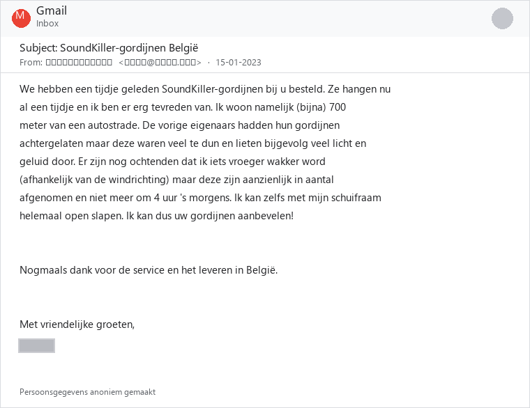 Geanonimiseerde klantreview SoundKiller